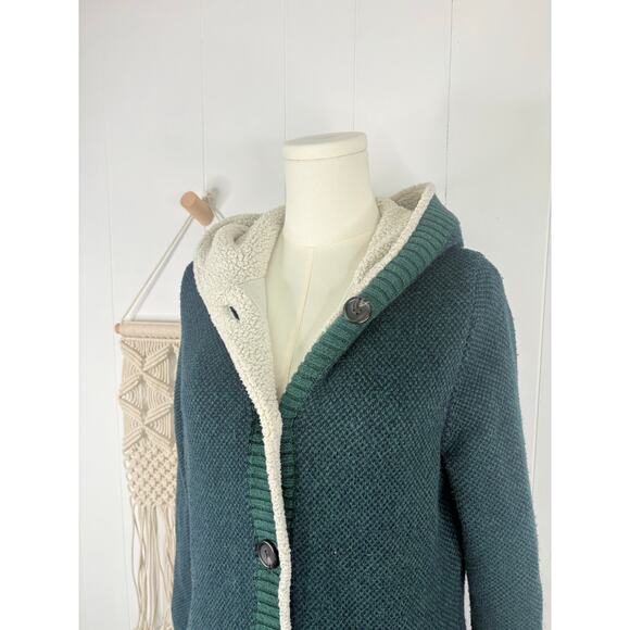 L.L. Bean Womens Sherpa Lined Knit Sweater Jacket Medium Forest Green Hooded - Picture 3 of 10